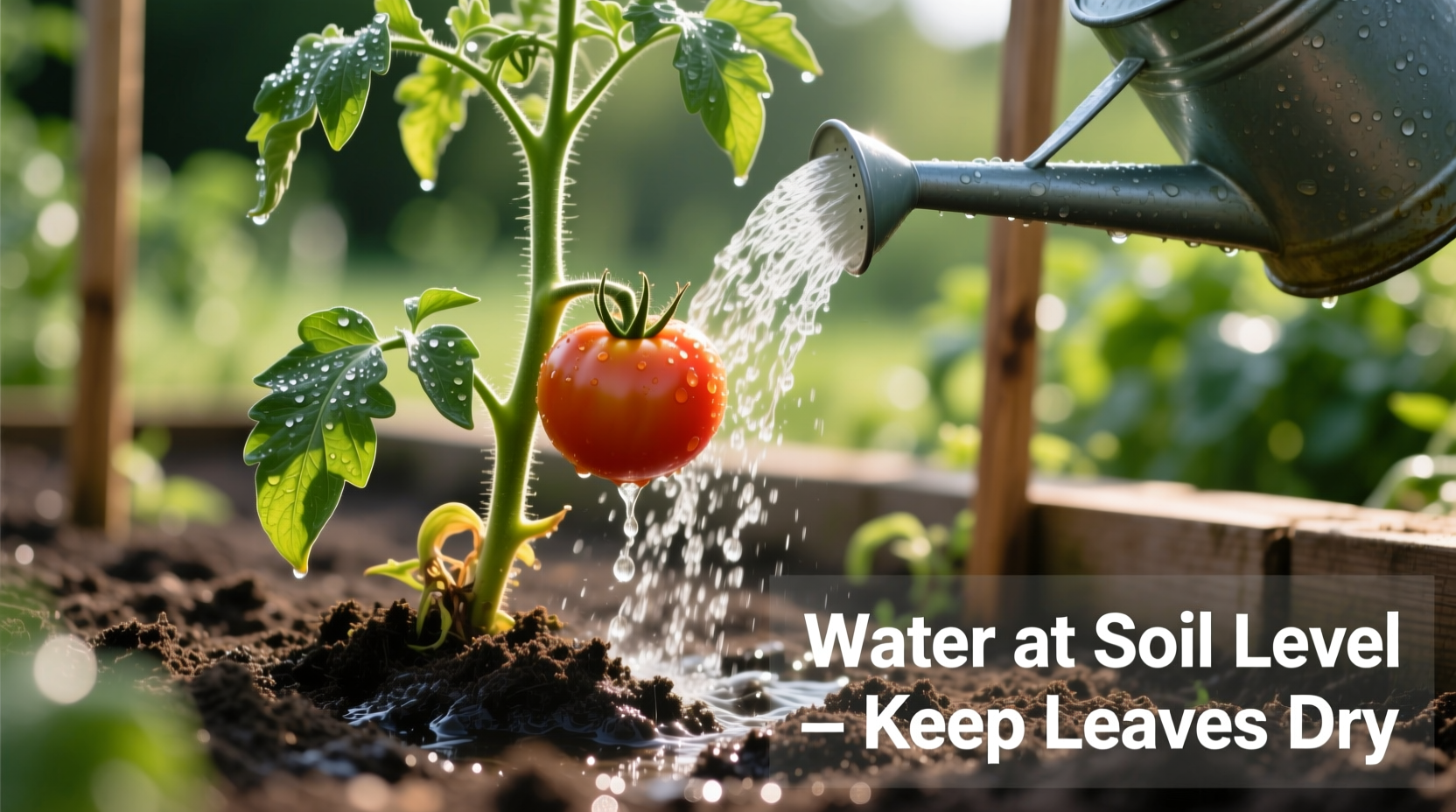 Tomato plant showing proper watering technique at soil level