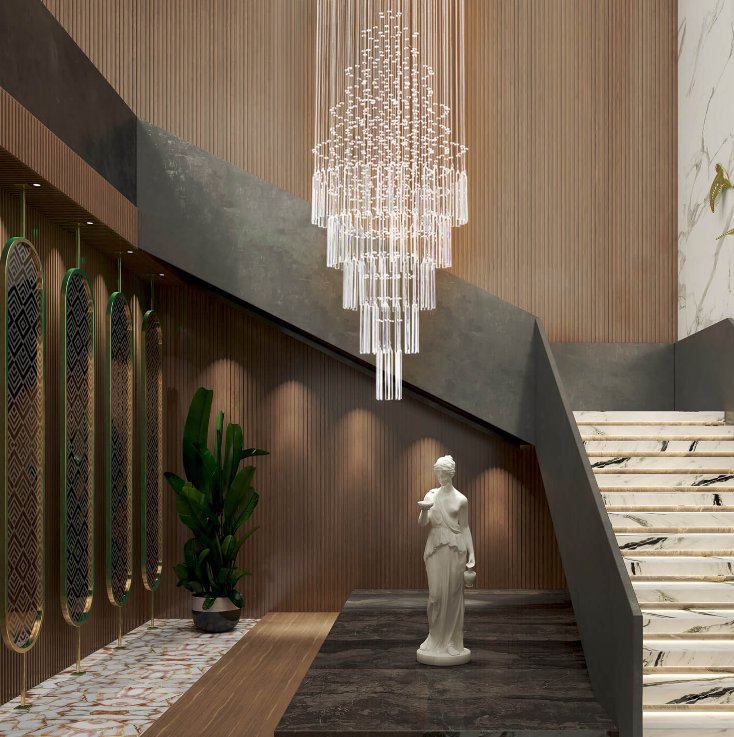 Modern long staircase lighting fixture luxury fiber optic spiral raindrop crystal ceiling chandeliers and lamps