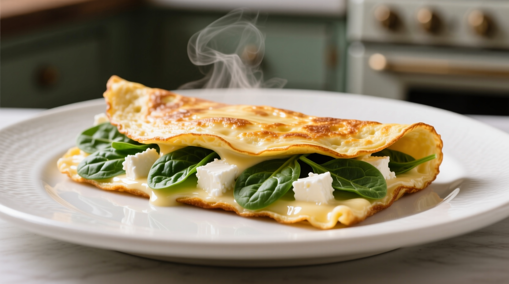 Perfectly folded spinach and feta omelet with golden exterior