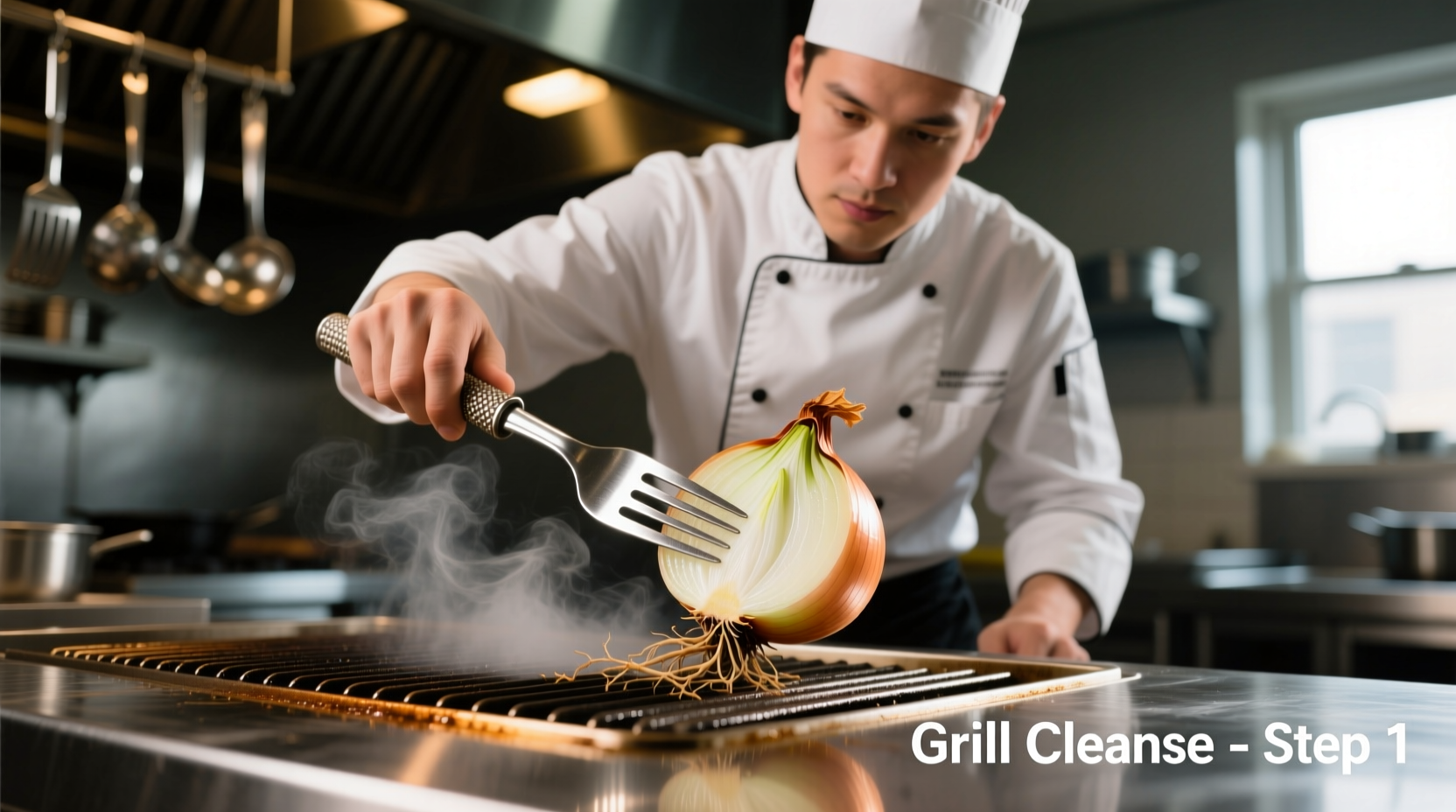 Chef cleaning grill grates with half onion on fork