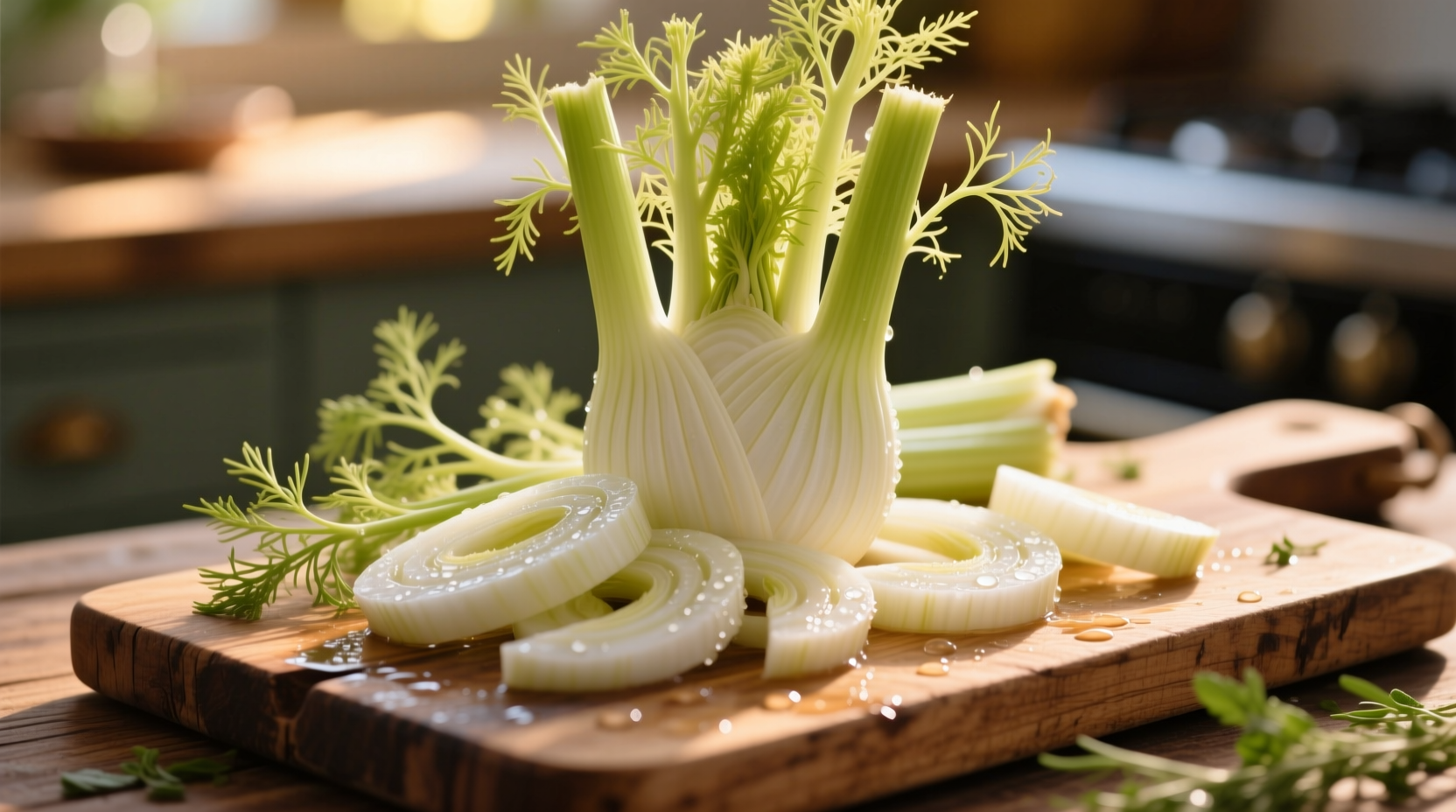 Freshly sliced fennel bulb with fronds on wooden cutting board