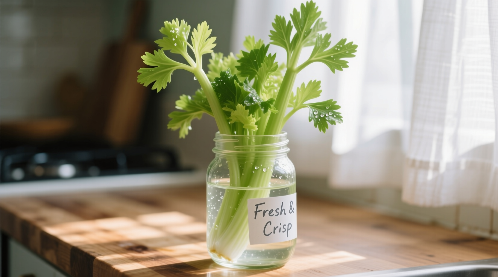 Fresh celery leaves in glass jar with water