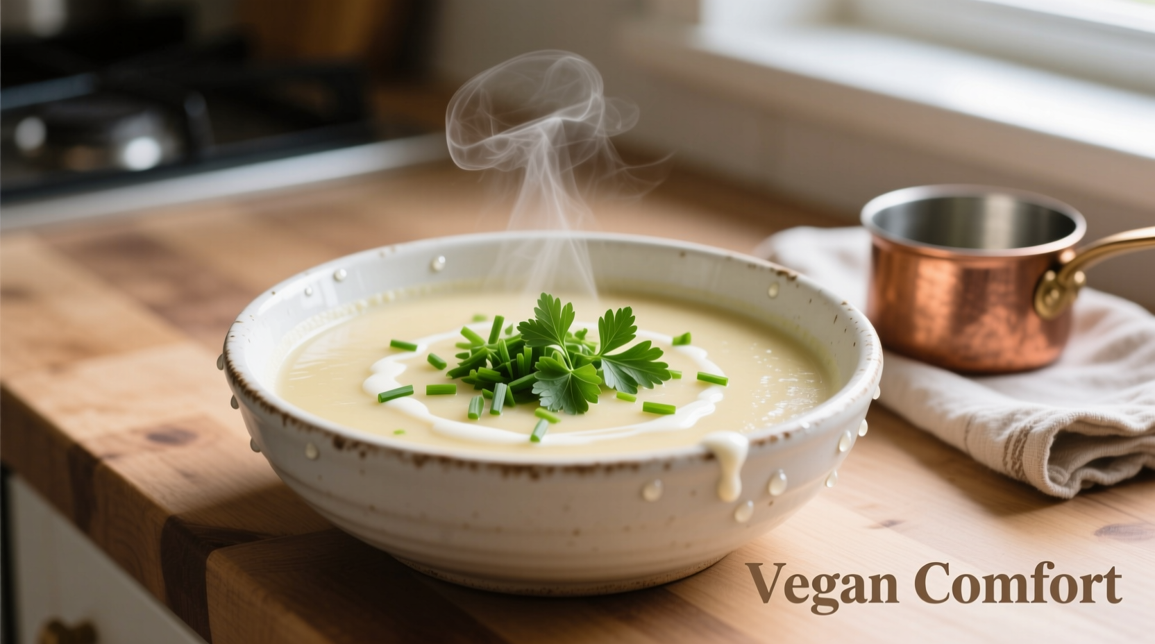 Creamy vegan potato soup in white bowl with fresh herbs