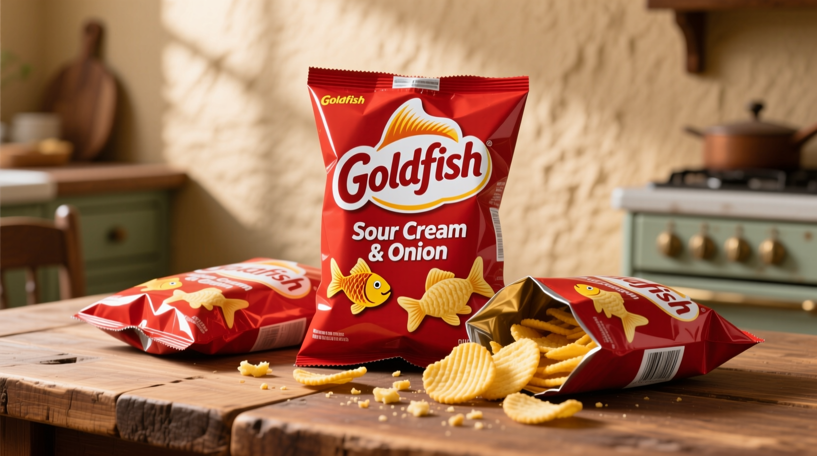 Sour cream and onion Goldfish crackers in red packaging