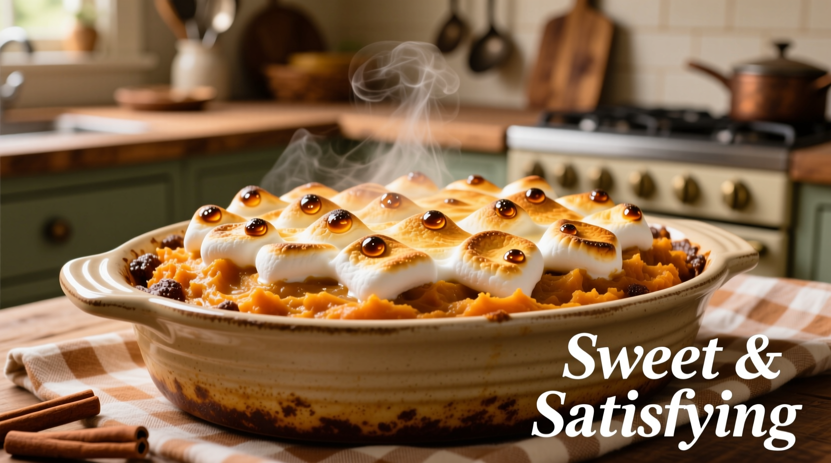Golden baked sweet potato casserole with melted marshmallows