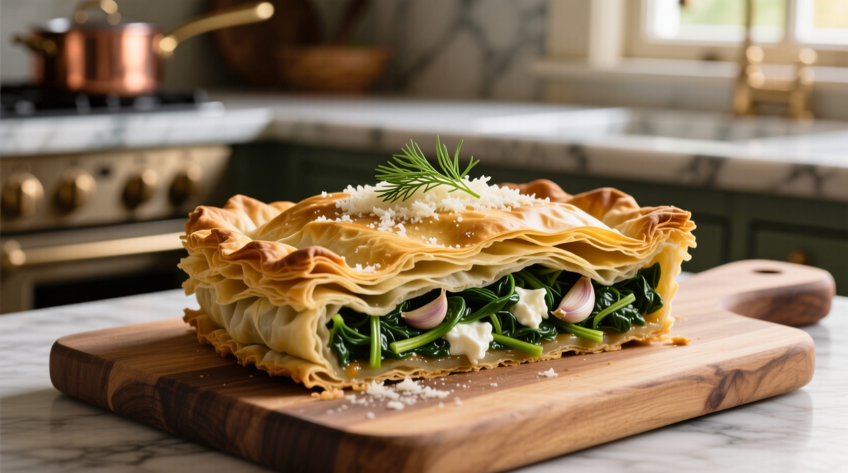 Golden brown spinach pie with flaky phyllo layers