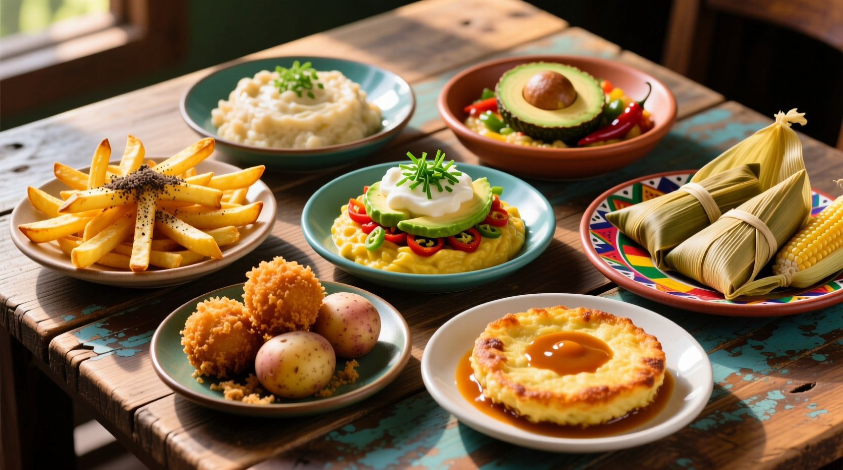 Colorful array of international potato dishes on wooden table