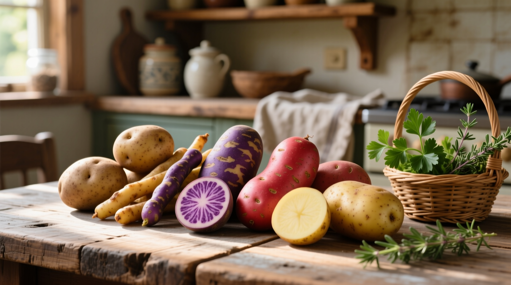 Different potato varieties on wooden table