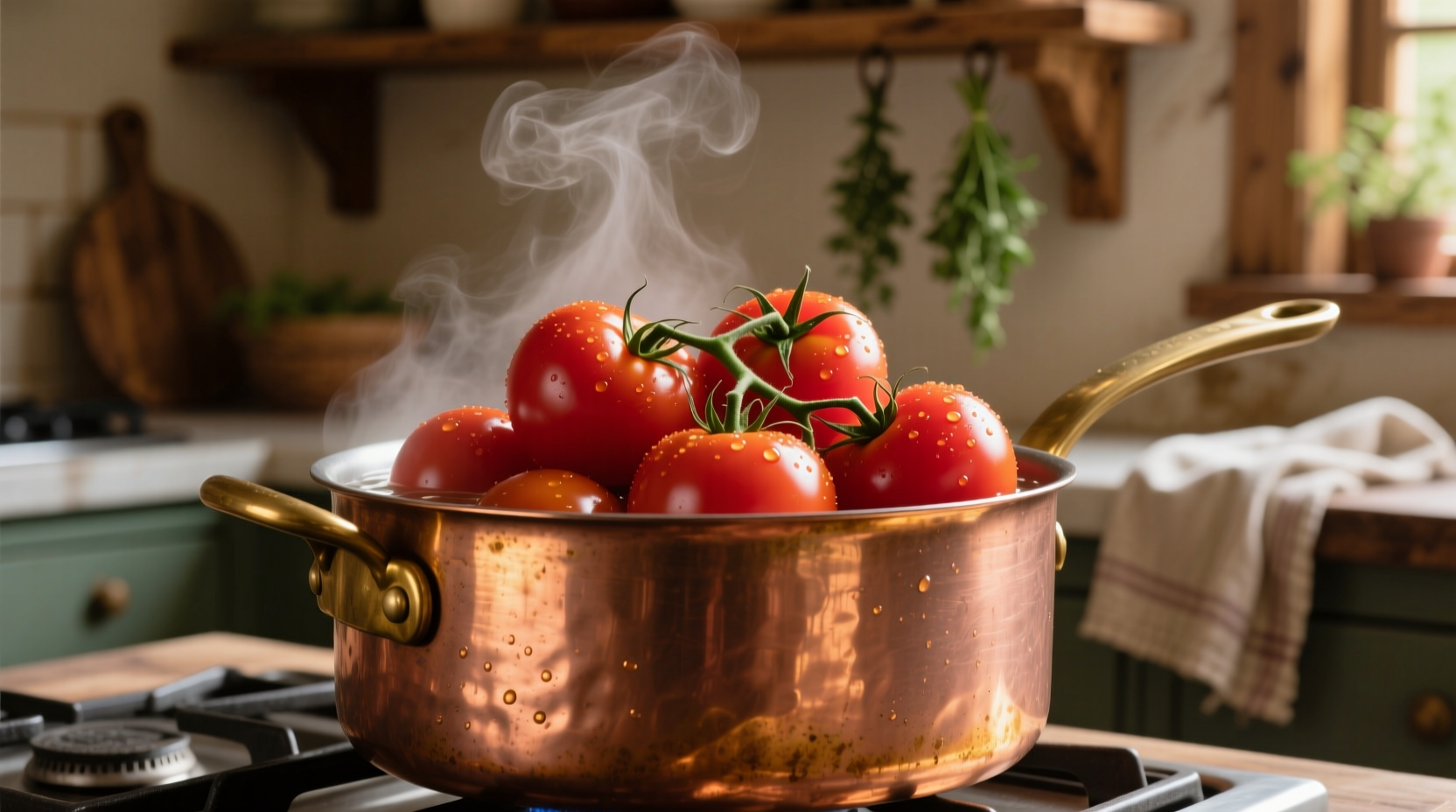 Fresh Roma tomatoes simmering in copper pot