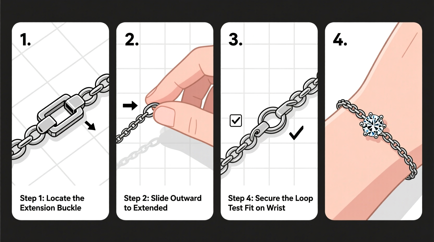 step by step guide to adjusting a moissanite bracelet with an extension buckle for a perfect fit