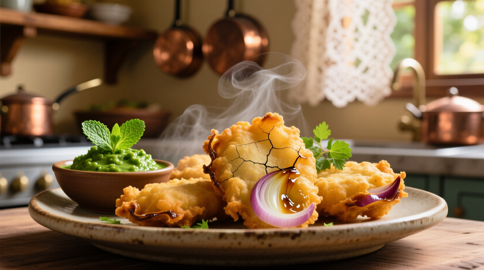 Golden onion bhaji served with mint chutney