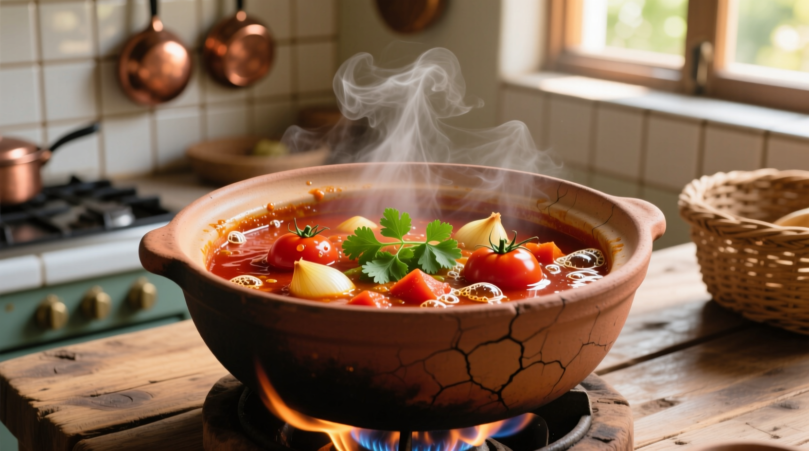 Fresh tomato curry simmering in clay pot