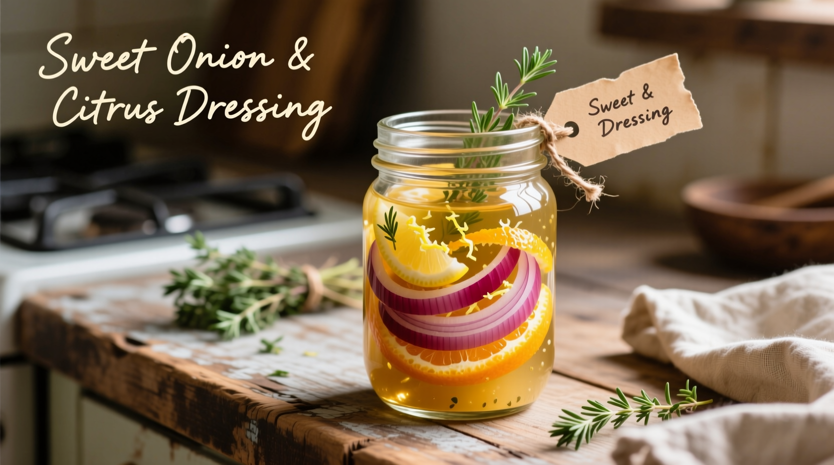 Sweet onion and citrus dressing in glass jar with fresh ingredients