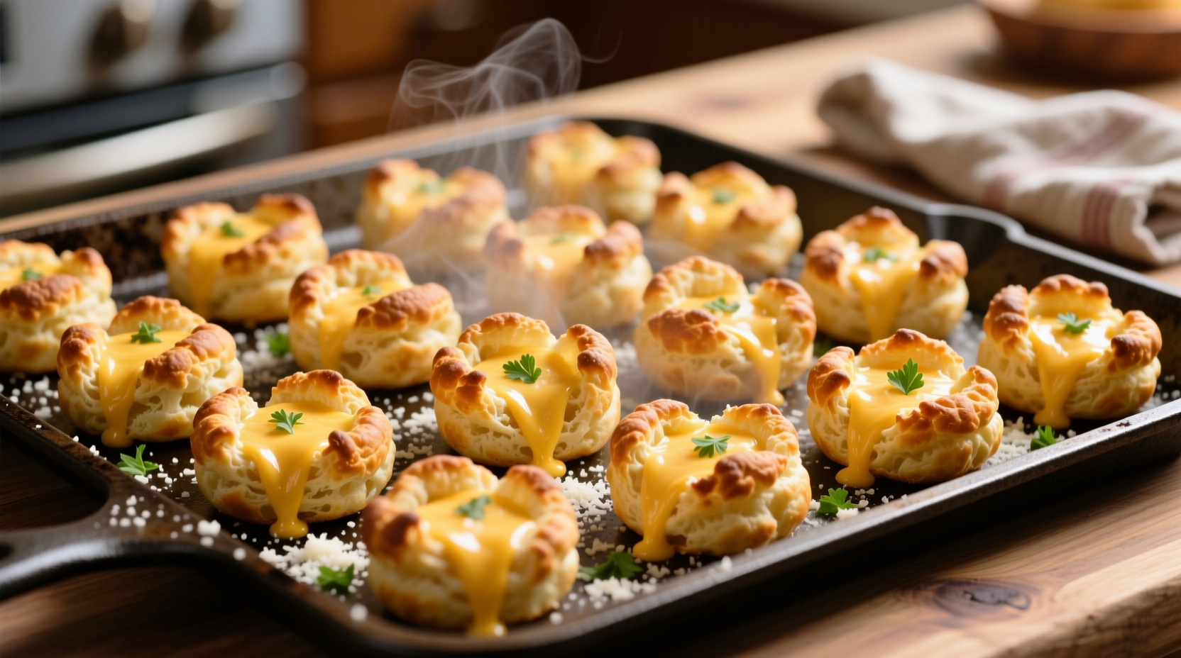 Golden cauliflower cheese puffs on baking sheet