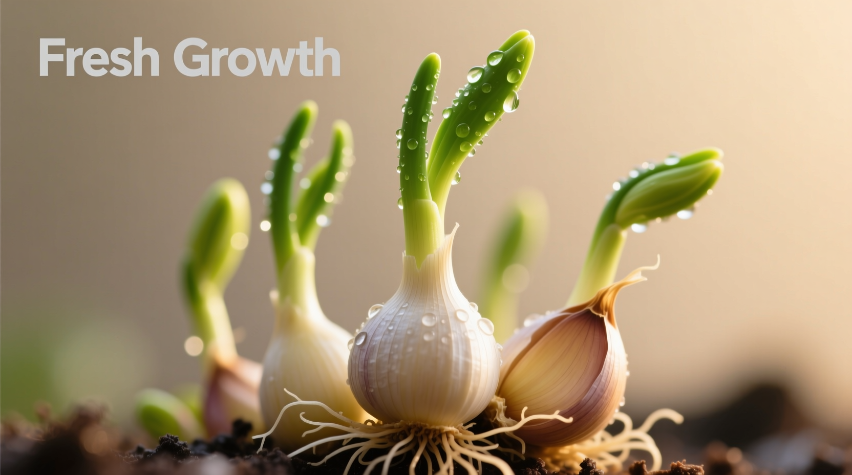 Close-up of sprouted garlic cloves showing green shoots