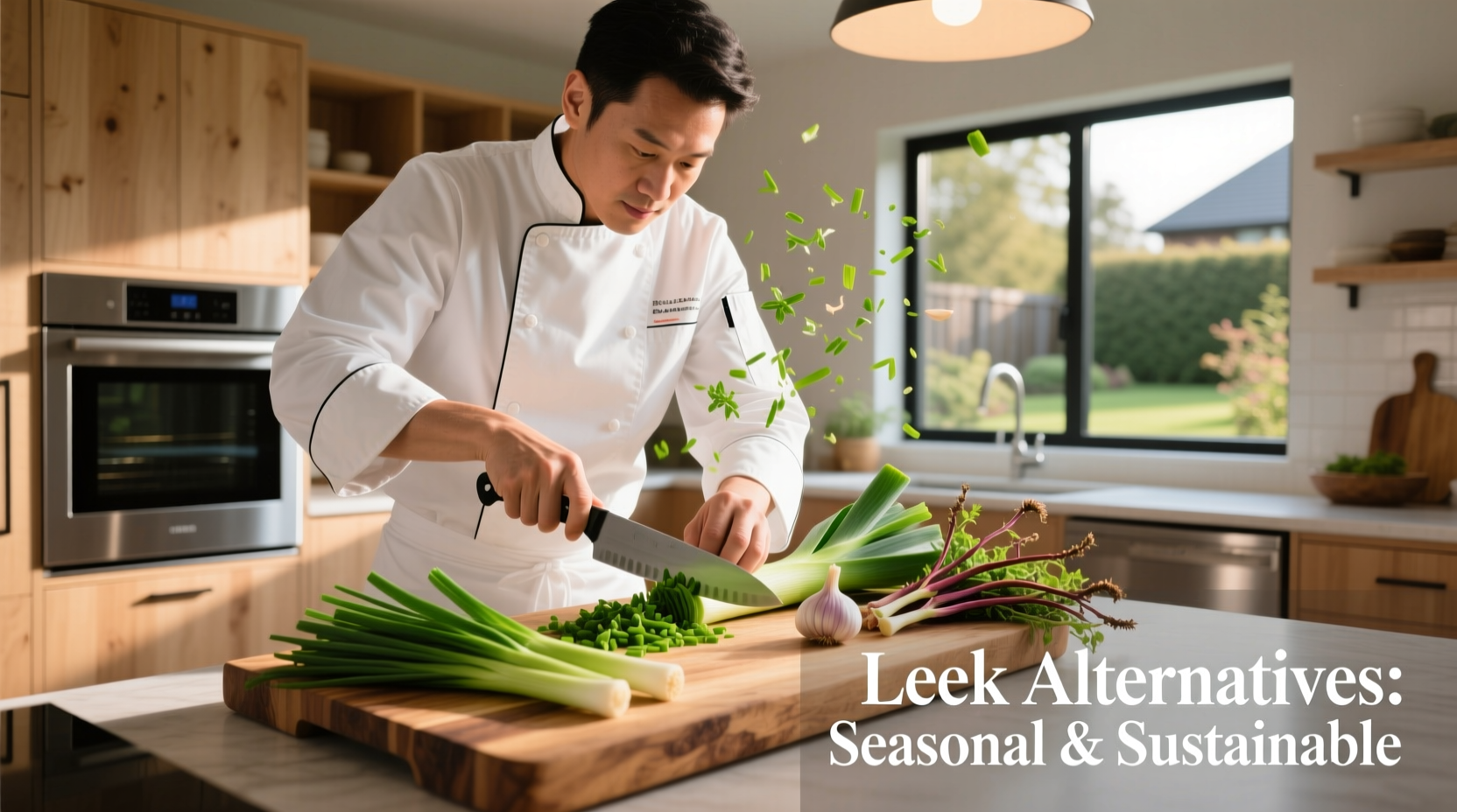 Chef preparing leek alternatives in kitchen