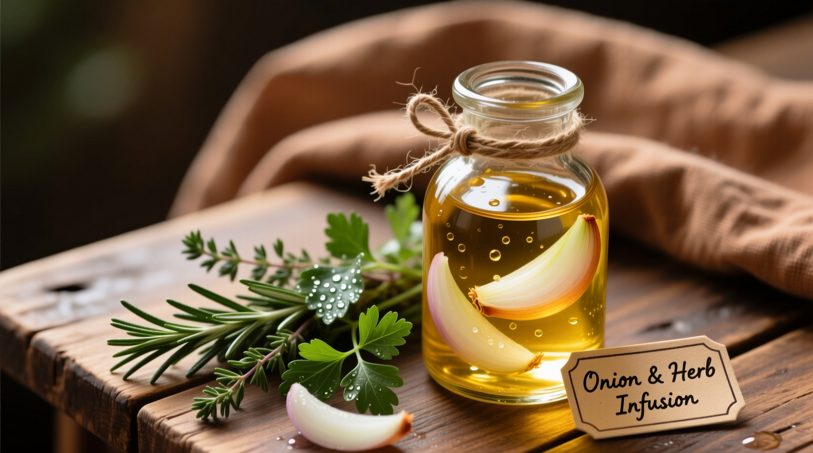 Homemade onion-infused oil in glass bottle with fresh herbs