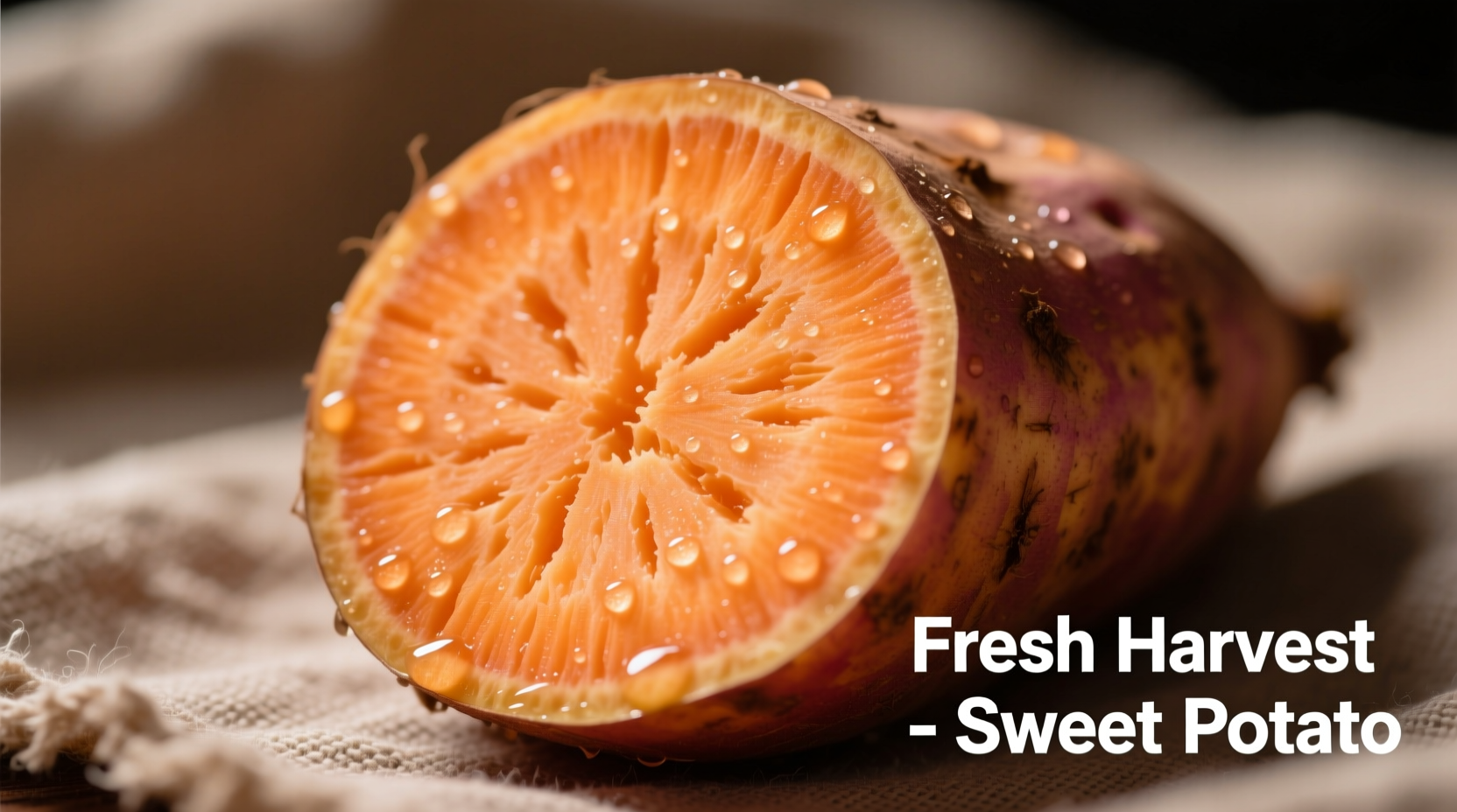 Freshly cut sweet potato showing orange flesh