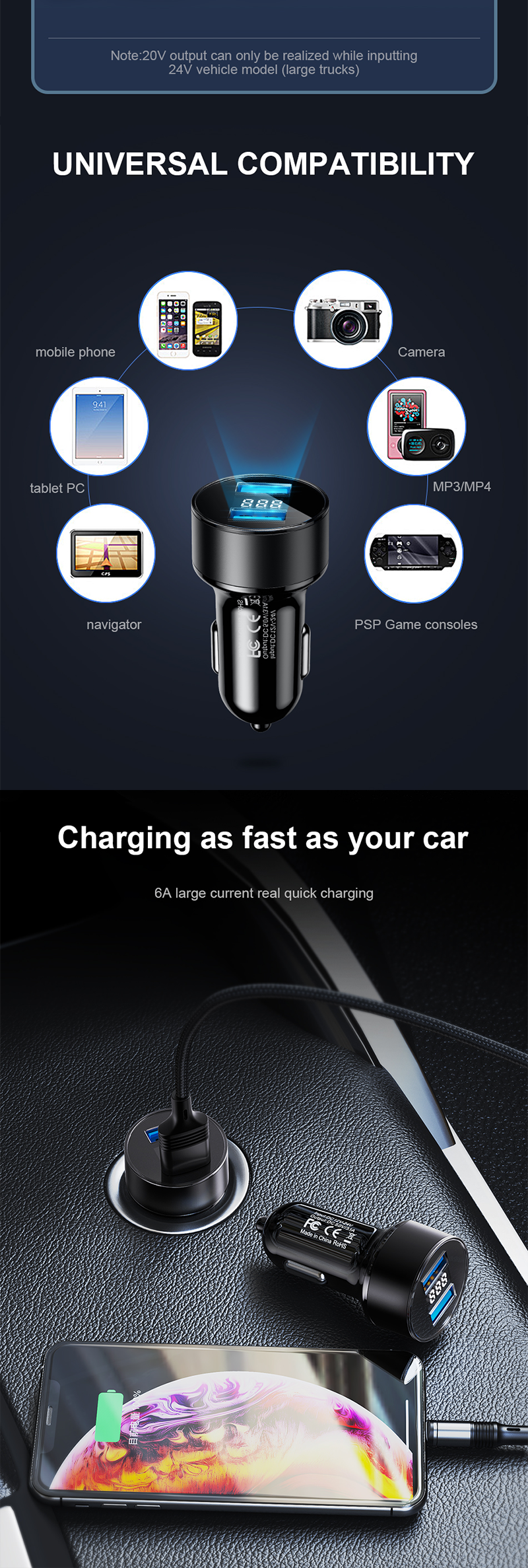 Eonline 3.1A Dual USB Car Charger With LED Display Mobile Phone Car-Charger for Xiaomi 9 Samsung S8 iPhone 11 6 6s 7 8 Plus Tabl