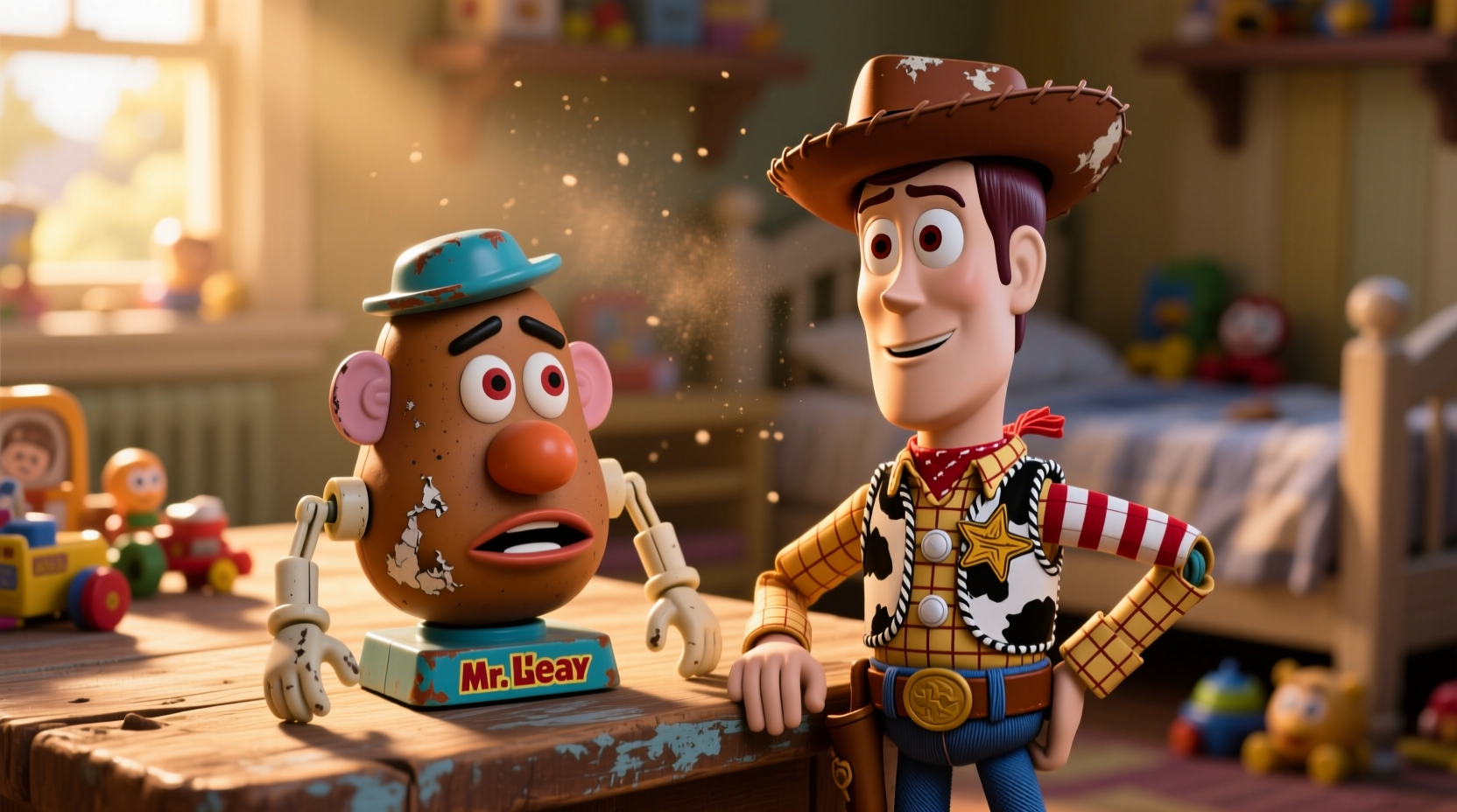 Vintage Mr Potato Head toy next to Toy Story character