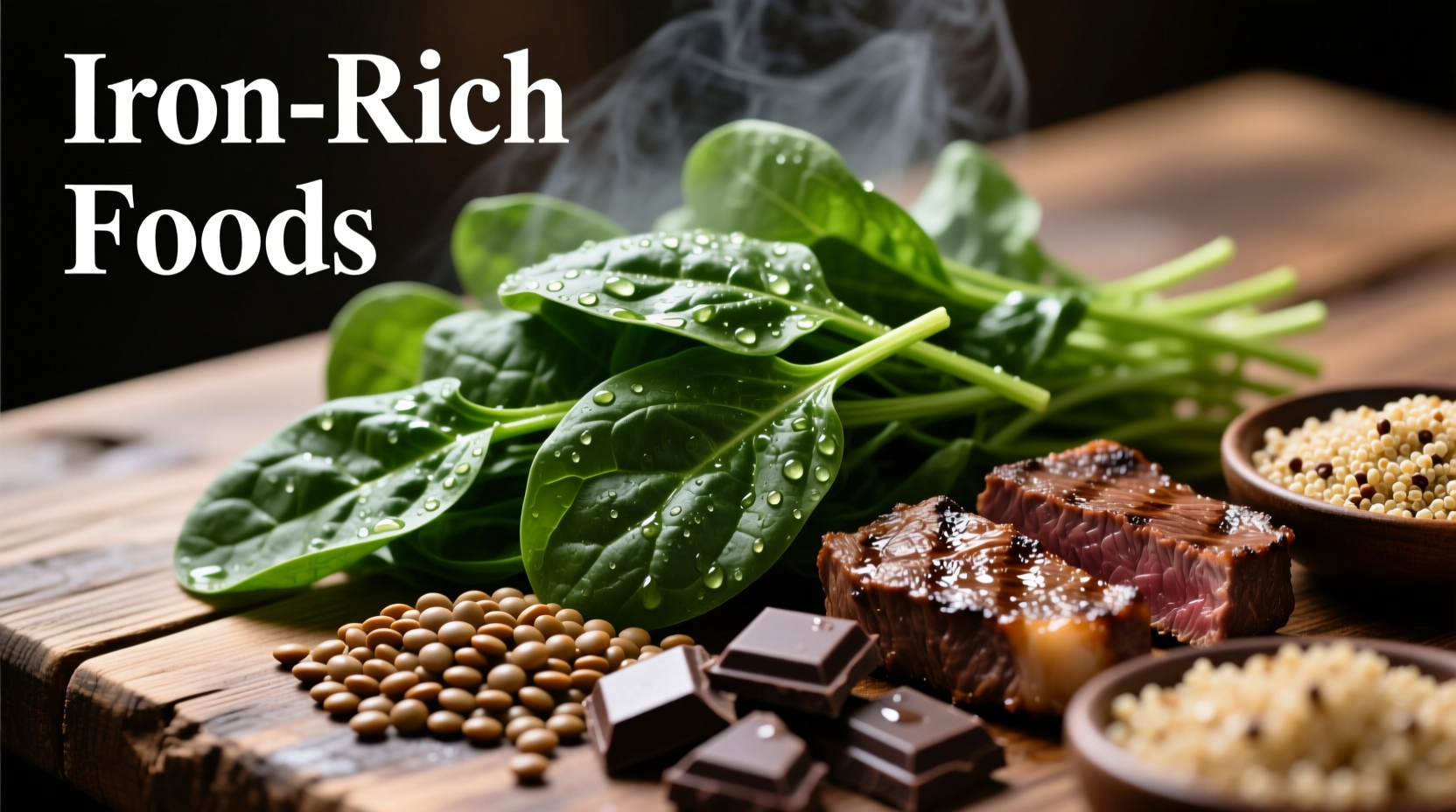 Raw spinach leaves next to iron-rich foods