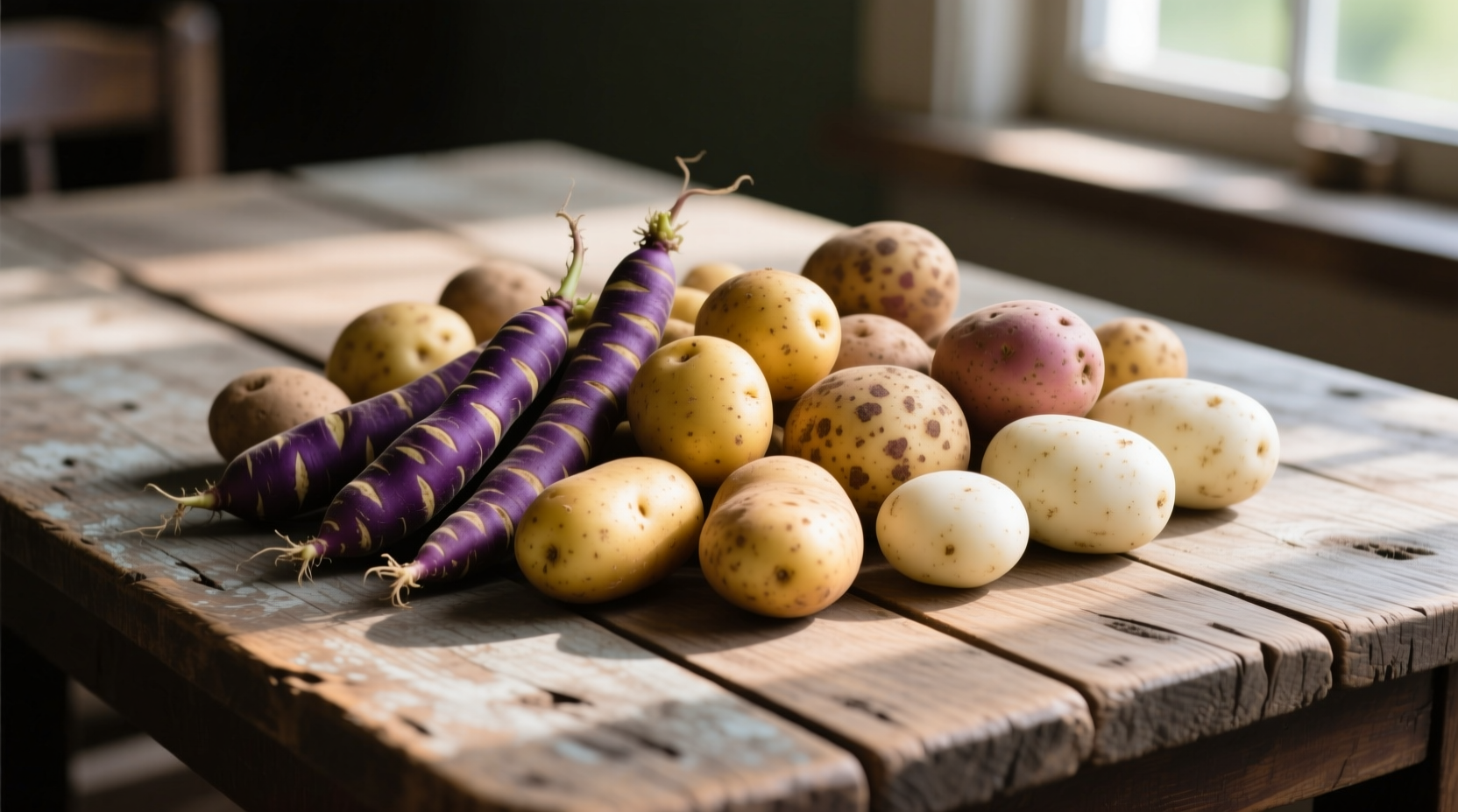 Various potato varieties on wooden table