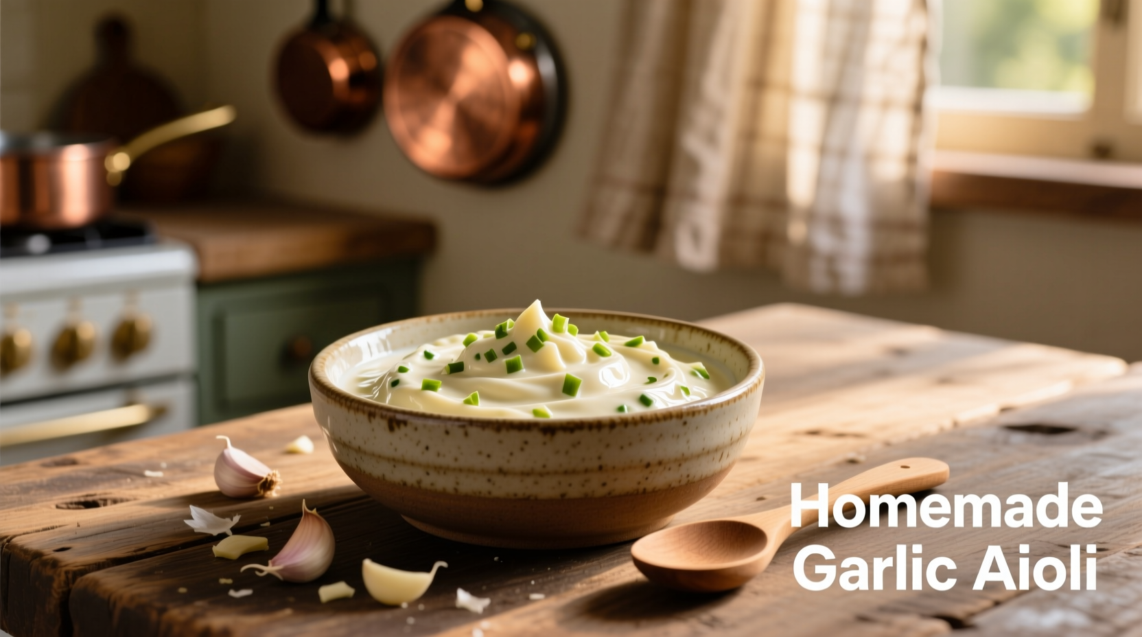 Homemade garlic aioli in ceramic bowl with garlic cloves