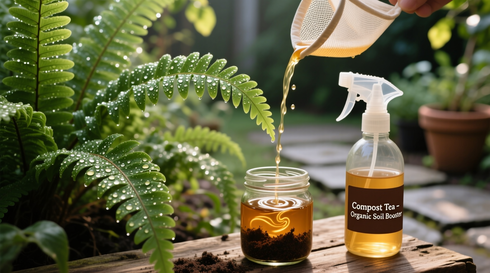 Close-up of a healthy Boston fern being lightly misted with compost tea from a fine-nozzle spray bottle; droplets glisten on glossy fronds, no pooling visible on soil surface