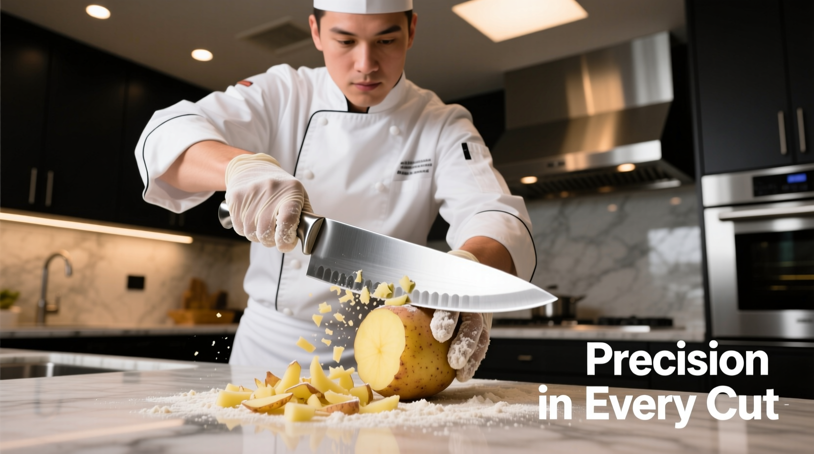 Professional chef using stainless steel potato cutter