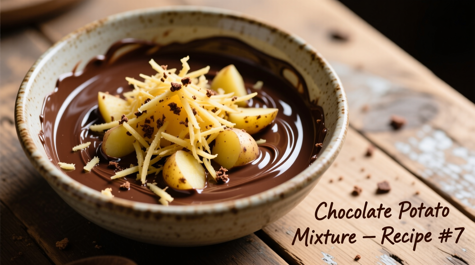Grated potato mixed with chocolate batter in bowl