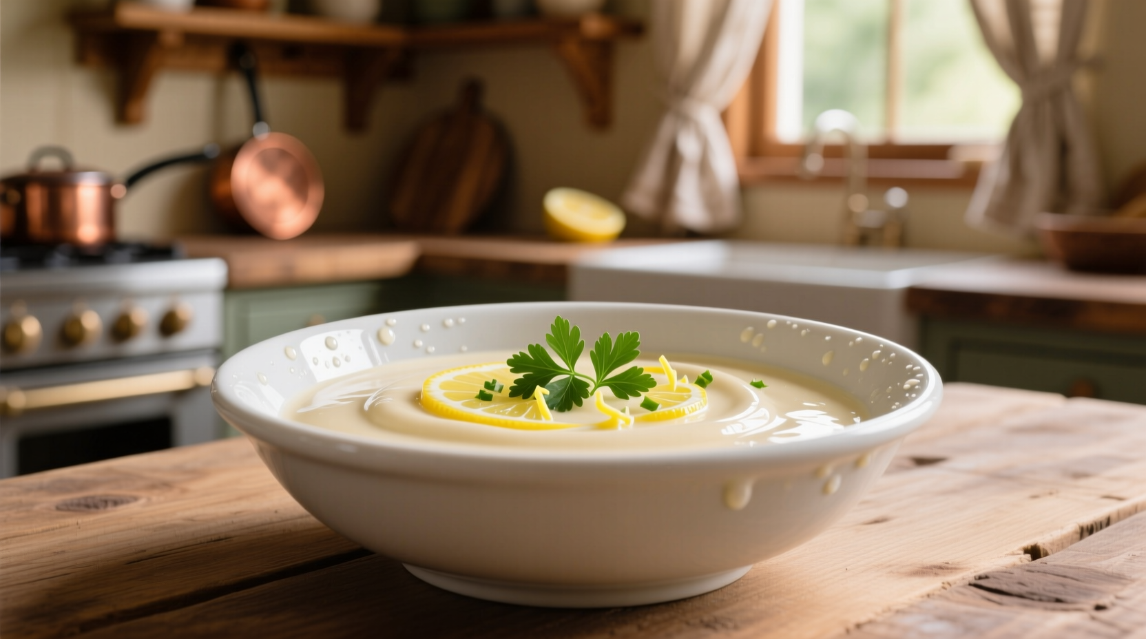 Creamy garlic and lemon sauce in white bowl