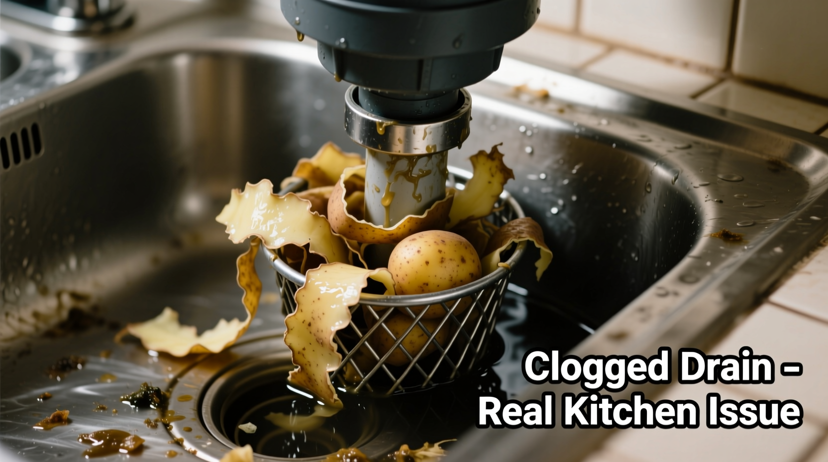 Potato peels clogging a garbage disposal pipe