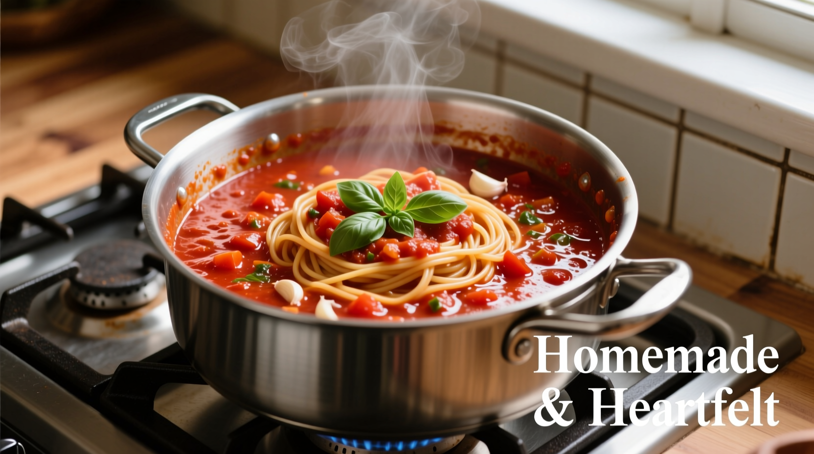 Homemade spaghetti sauce simmering in stainless steel pot