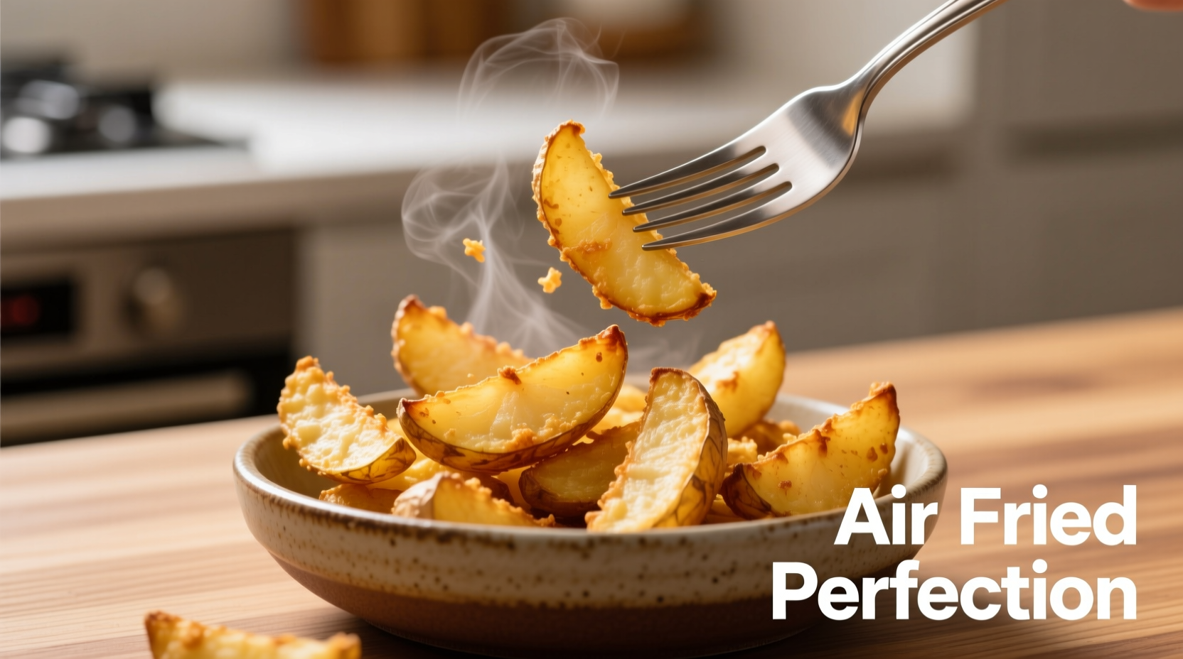 Crispy golden air fried potato with fork