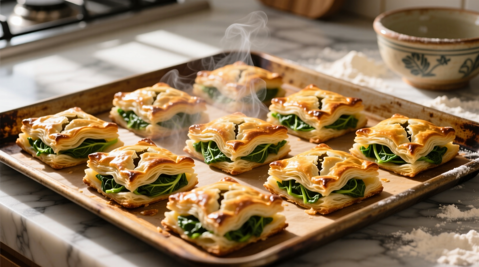 Golden spinach puff pastry squares on baking sheet