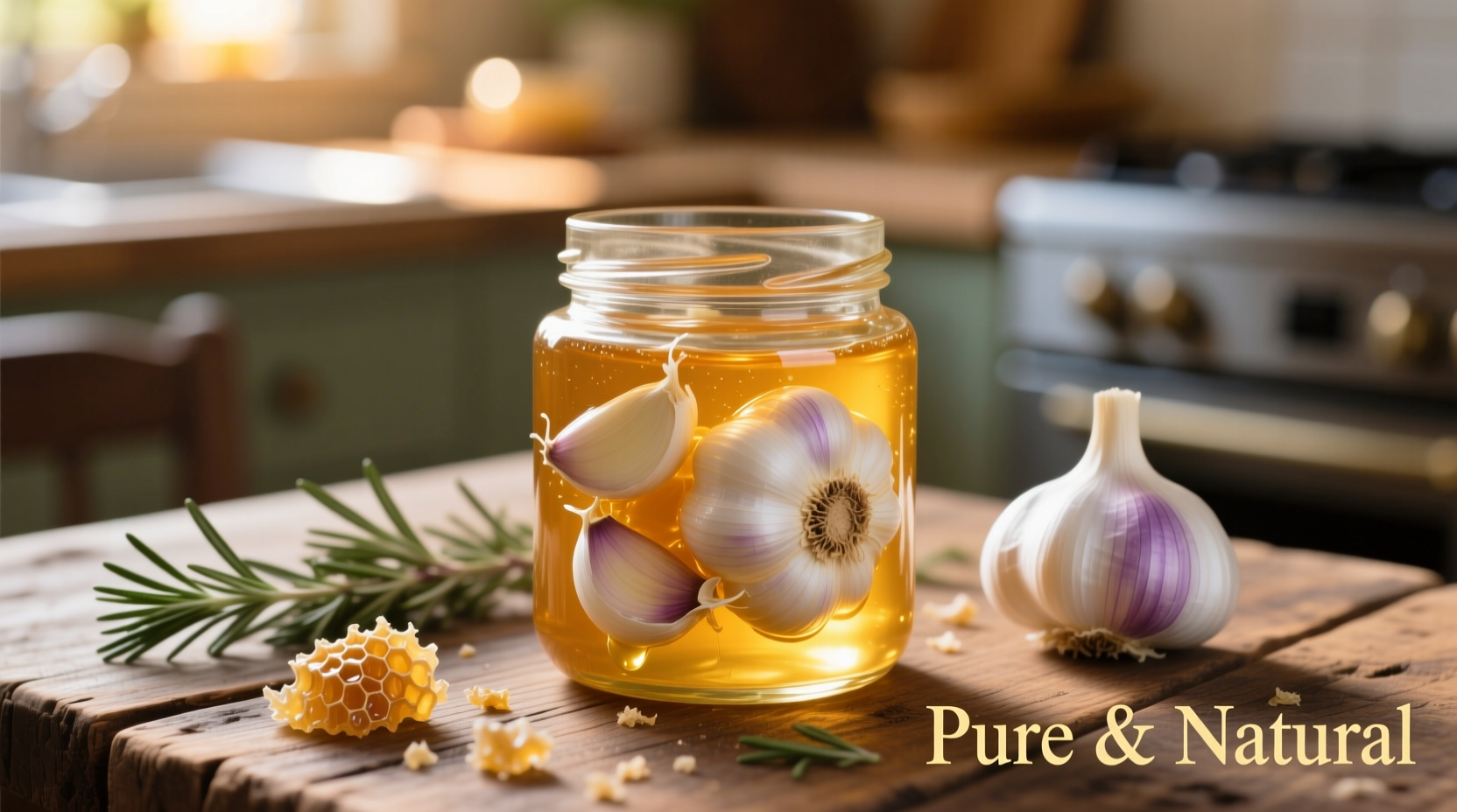 Glass jar with golden honey and fresh garlic cloves