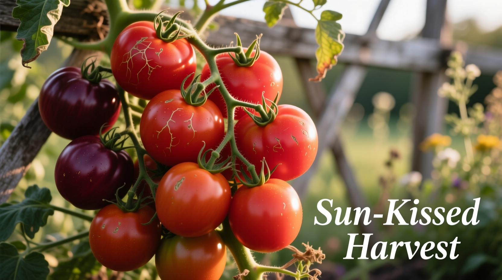 Ripe tomatoes showing varying shades of red on vine