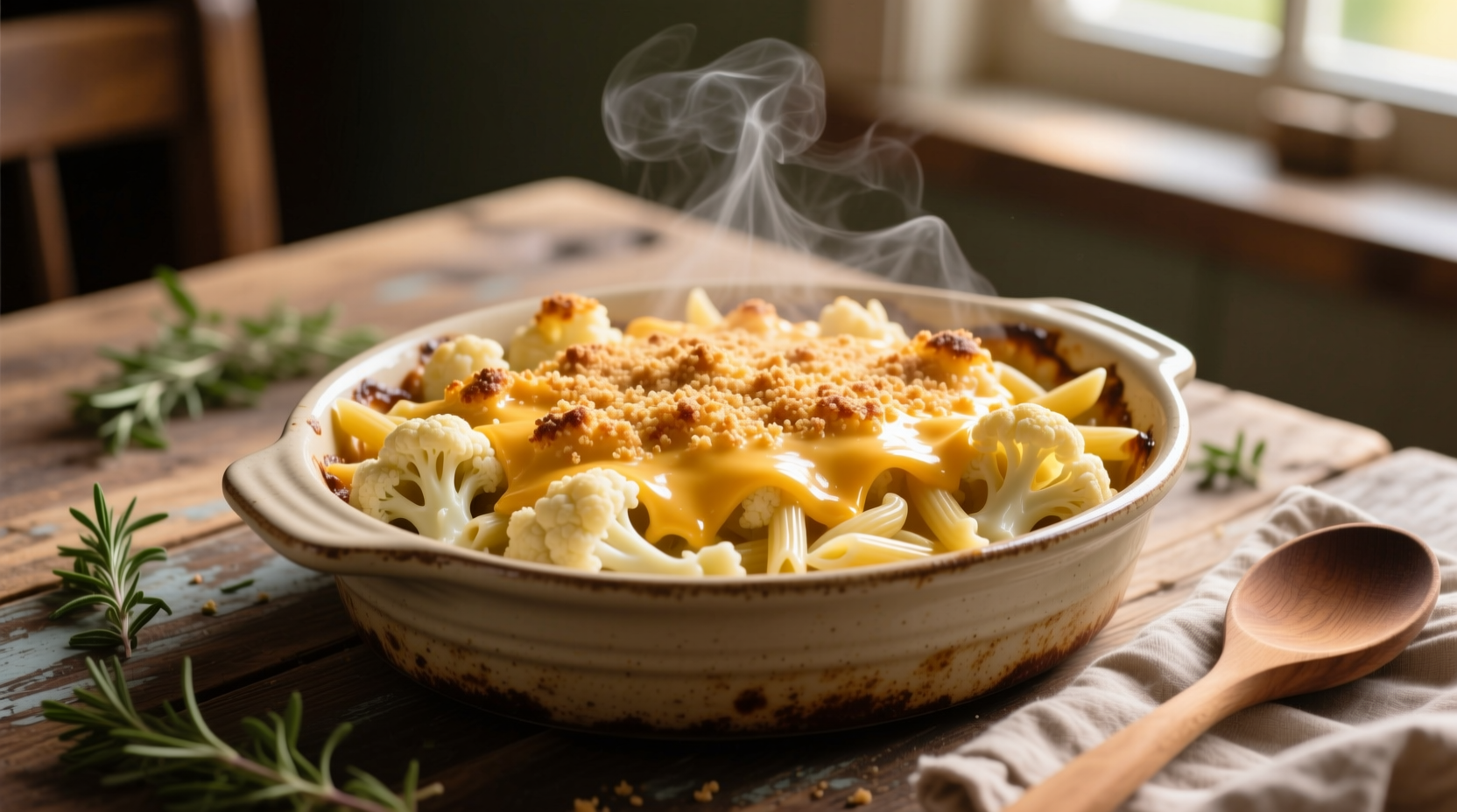 Creamy cauliflower mac and cheese in baking dish