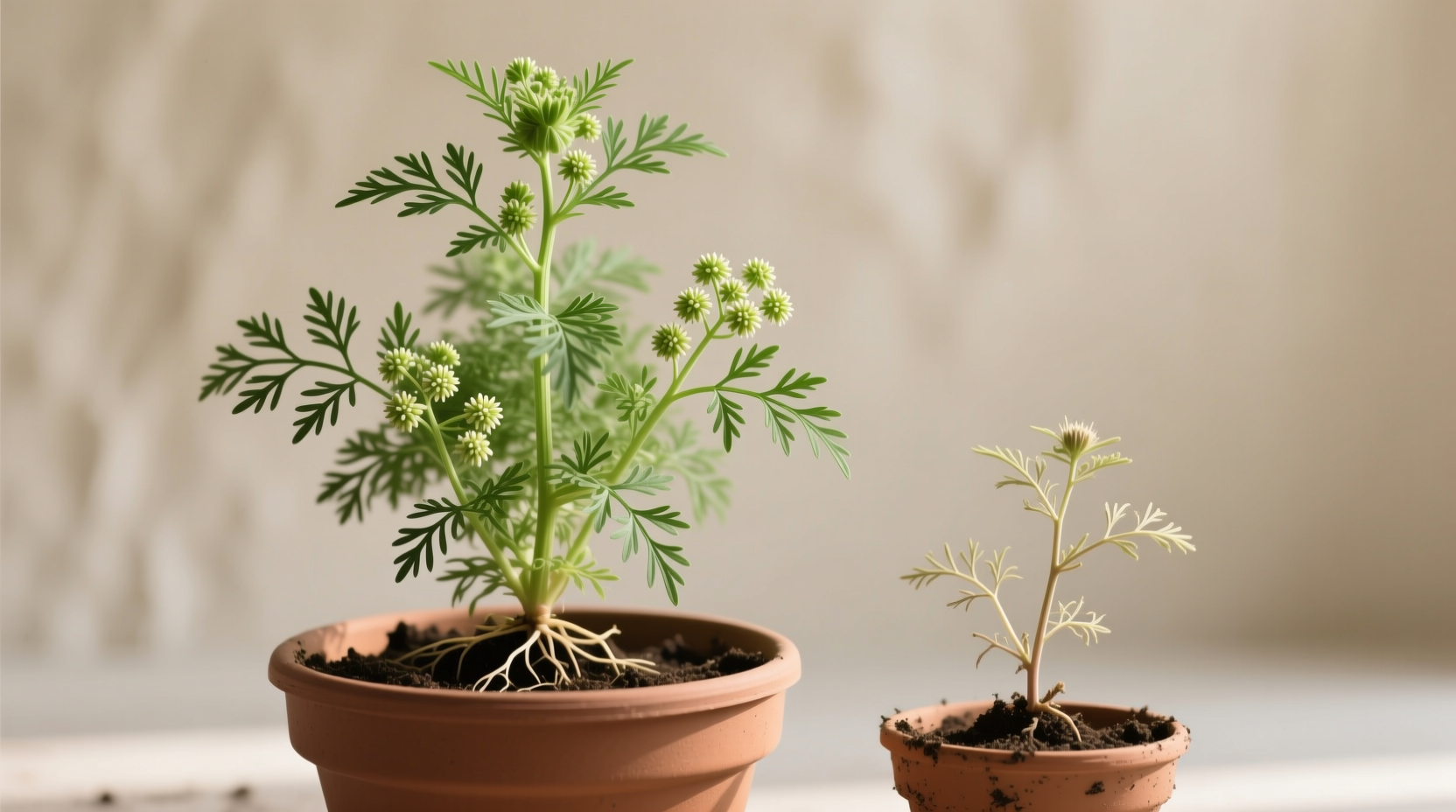 August container depth test anise plant thriving in 12-inch pot versus stunted in shallow container proving depth is non-negotiable