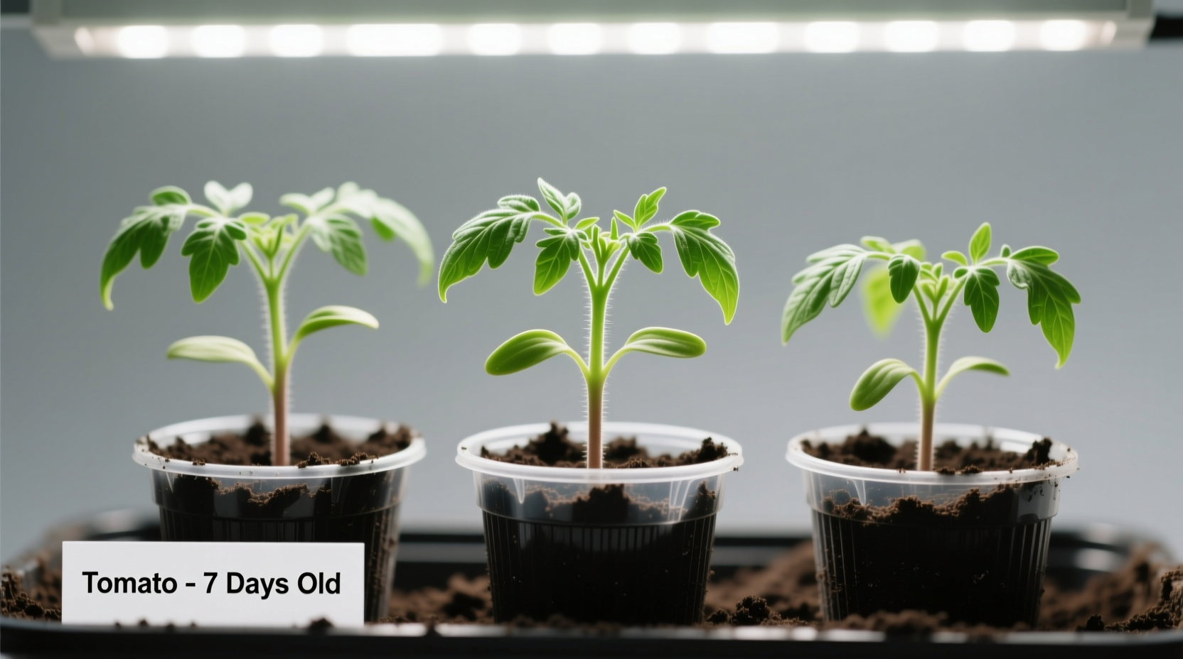 Healthy tomato seedlings in starter pots with grow lights