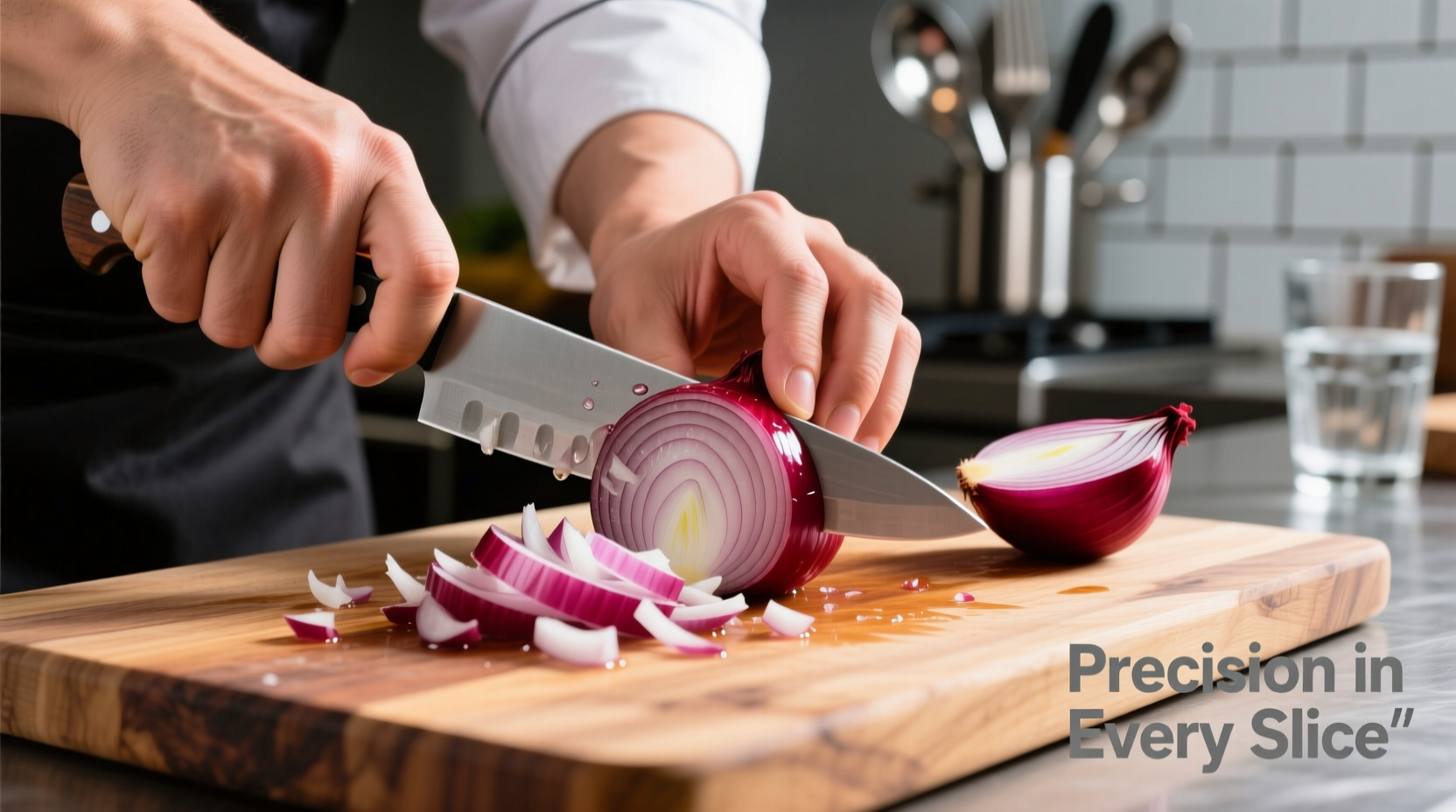 Chef's hands dicing red onion on cutting board