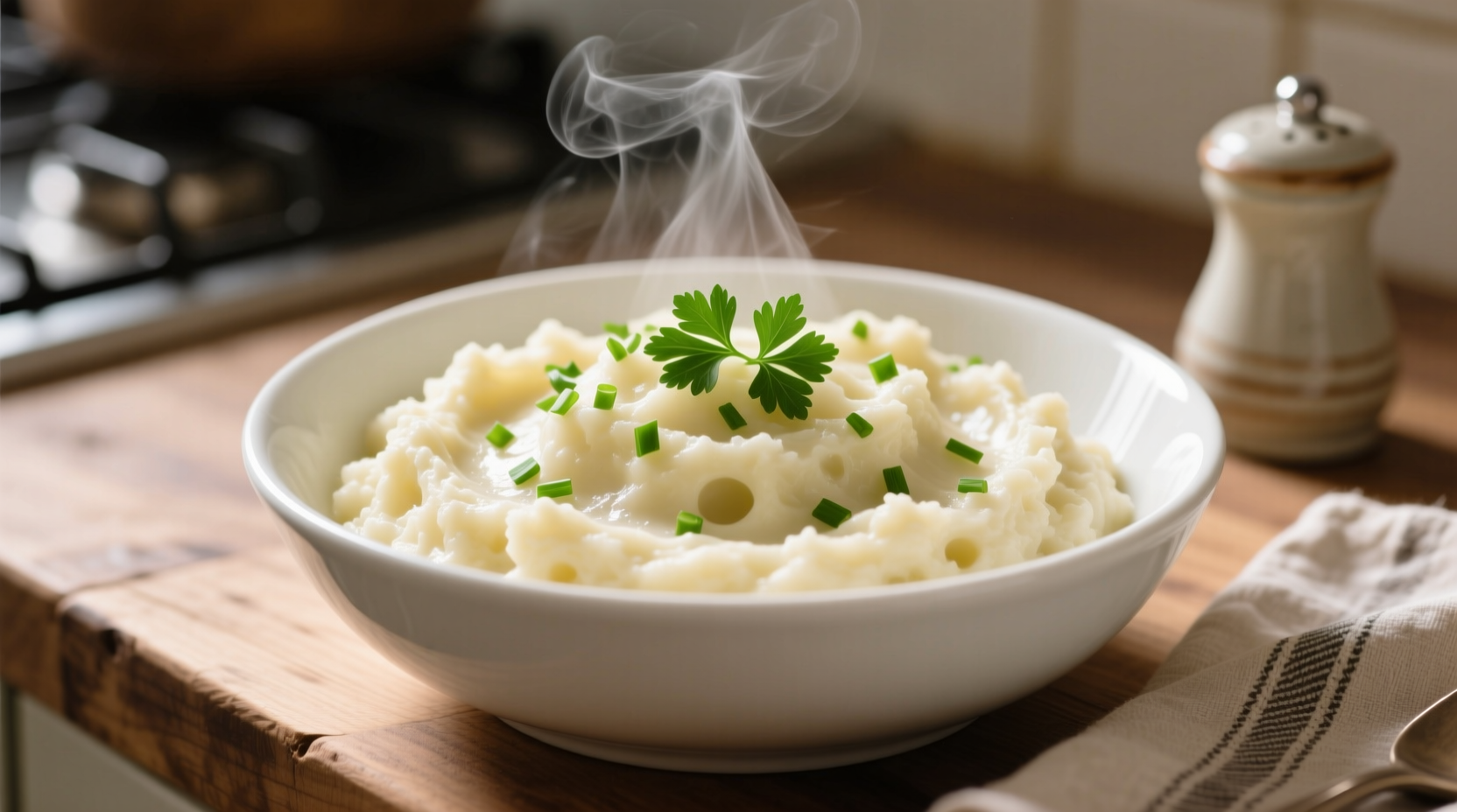 Creamy cauliflower mashed potatoes in white bowl with herb garnish
