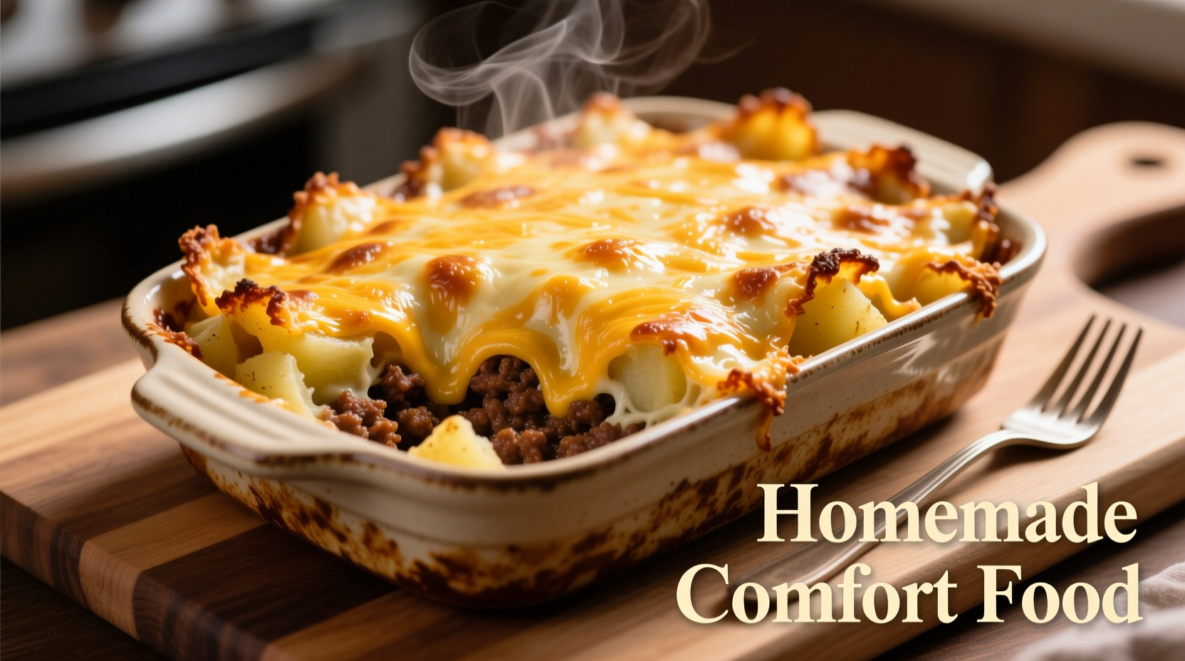Golden baked hamburger potato casserole with melted cheese