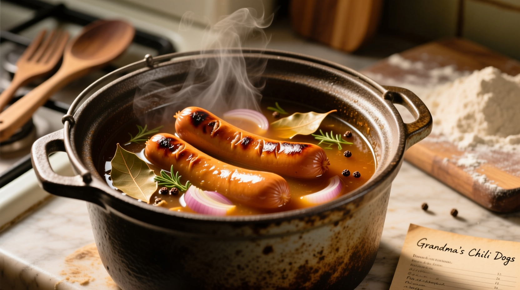 Crock pot filled with golden-brown wieners in broth