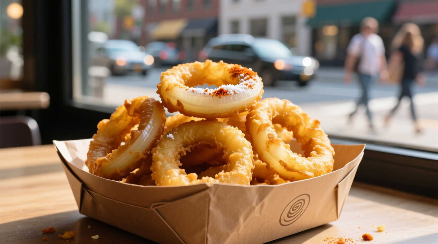 Golden brown onion rings served in a paper container
