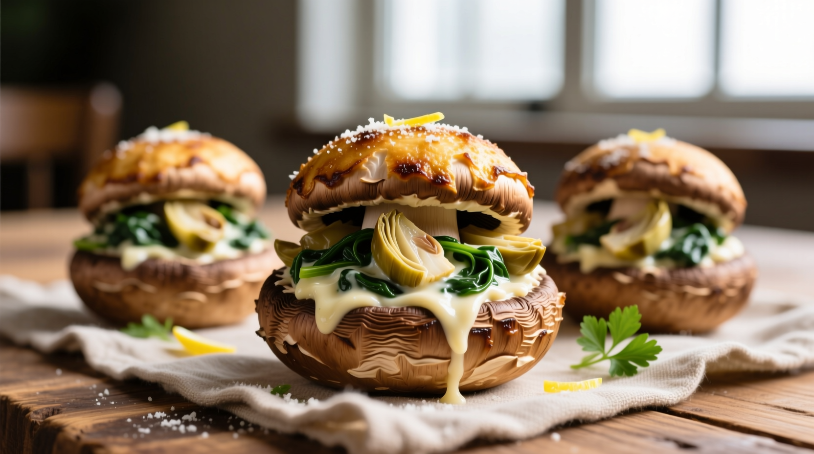Golden brown stuffed mushrooms with creamy spinach artichoke filling