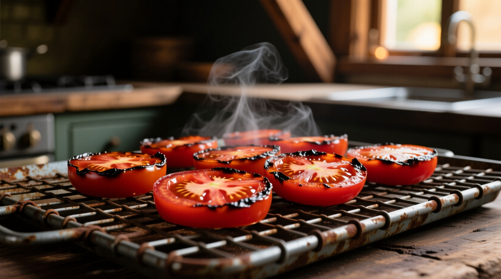 Smoked tomato slices arranged on wire mesh tray