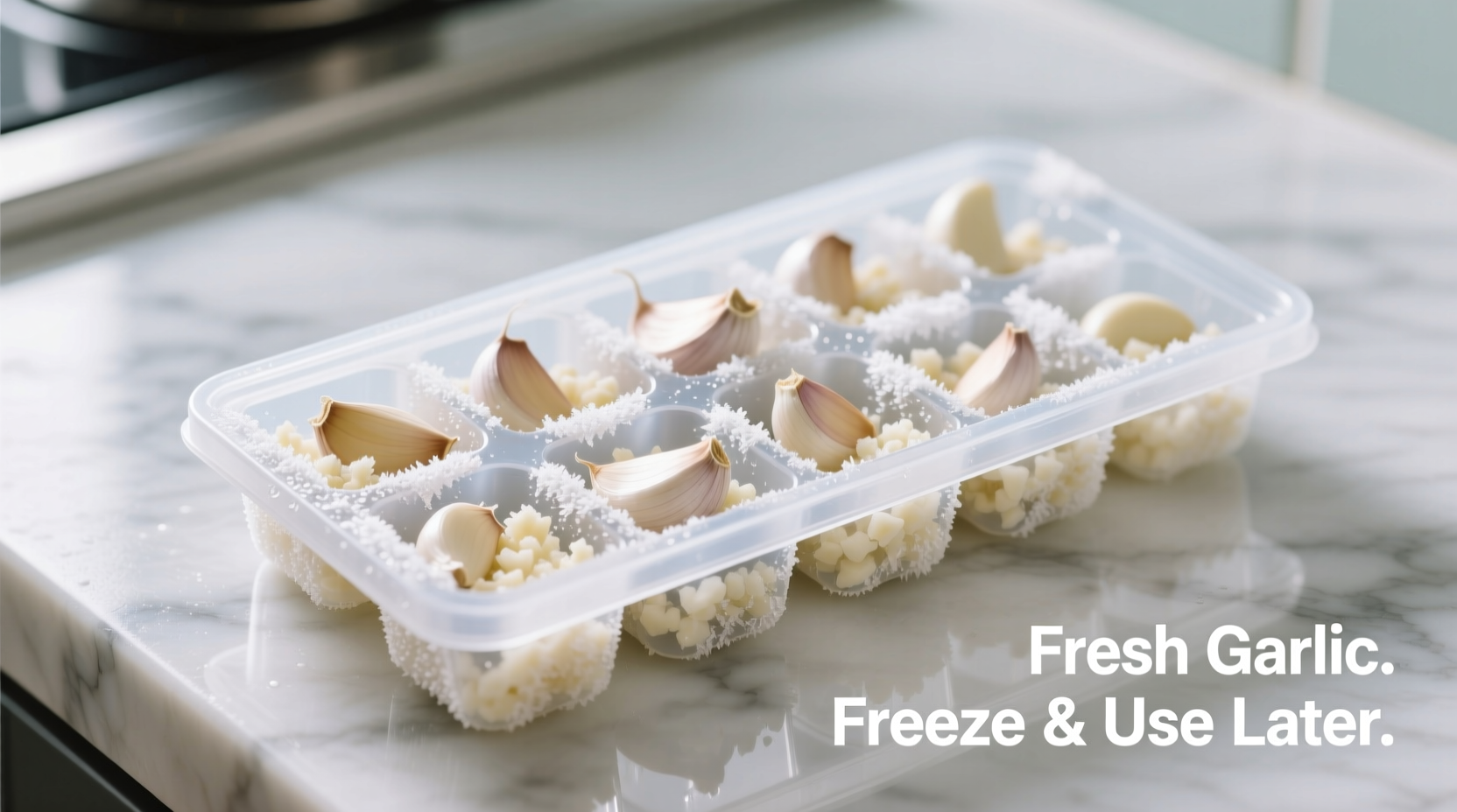 Minced garlic portioned in ice cube tray for freezing