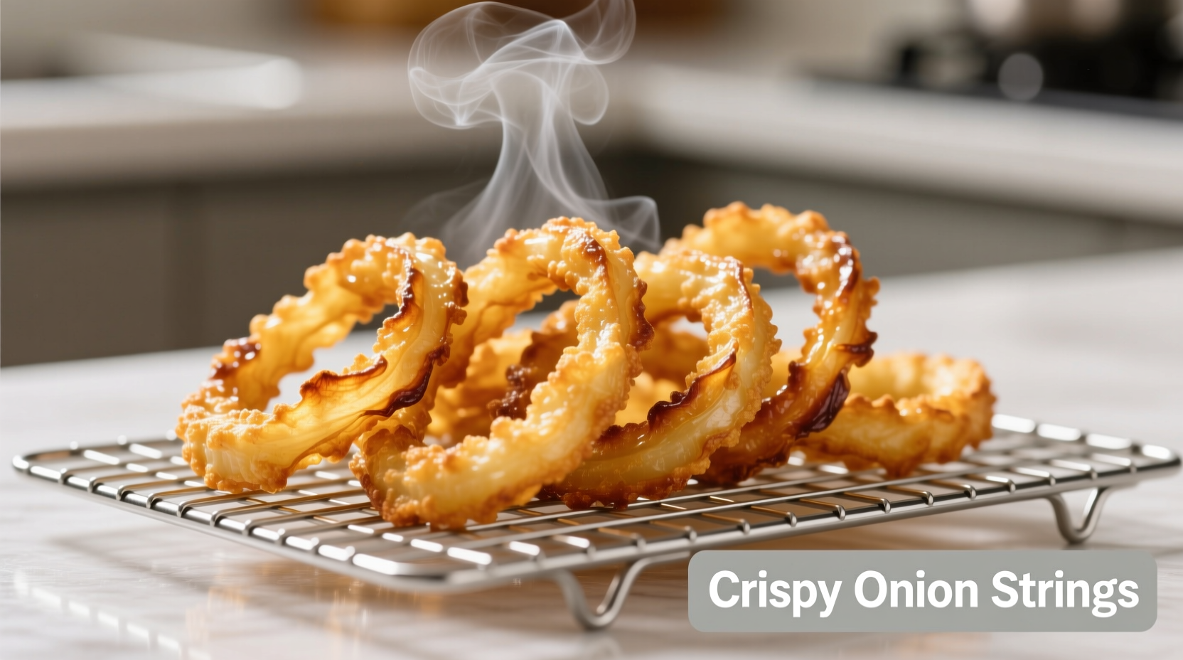 Golden crispy onion strings on wire rack