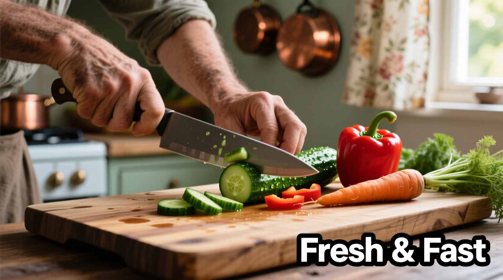 Hands chopping fresh vegetables on wooden cutting board